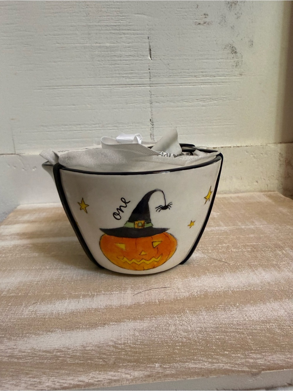 Rae Dunn Halloween Pumpkin Ceramic Treat Bowl - White & Orange